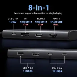 Концентратор Ugreen USB-C to 2xUSB 3.2 + 2xUSB-C 3.2 + 2xHDMI + DP 4K60Hz + PD 100W CM639 gray (35625) - мініатюра 2