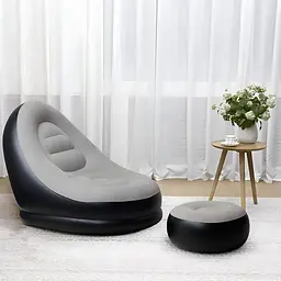 Надувне крісло диван 2в1 з пуфиком для ніг A-Sofa із вінілу з флокованим покриттям Крісло вінілове для відпочинку вдома саду максимальне навантаження до 150 кг Чорний з сірим - мініатюра 6