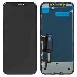 Дисплей для iPhone XR, чорний, з рамкою, , Tianma, із пластиками камери та давача наближення, із захисним екраном дисплея
