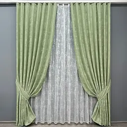 Комплект штор з тюлем VR-Textil Жакард Мармур, світло-оливковий з білим, 2 штори 150×270 см + тюль 500×270 см, арт. 71-192/4