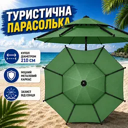 Зелена Парасолька туристична з чохлом 210 см / Восьмикутна парасолька для риболовлі, кемпінгу та пляжу - мініатюра 2