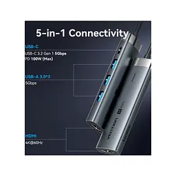 Концентратор Vention USB-C 5-in-1 3xUSB 3.0 + HDMI 4K60Hz + USB-C PD100W gray (TGMHB) - мініатюра 4