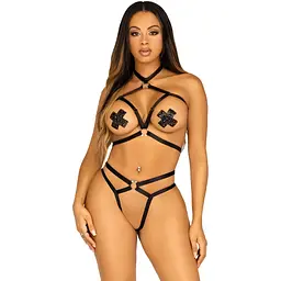 Стрепи-портупея з чокером Leg Avenue Satin elastic harness teddy, One Size, Black