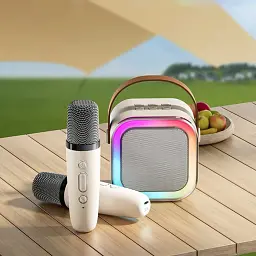 Портативна Bluetooth колонка RIAS K12 караоке + 2 бездротові мікрофони 5W Beige (3_04411) - мініатюра 4