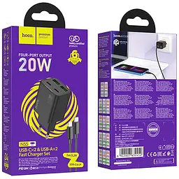 МЗП Hoco N55 Fundador PD20W four-port (2USB-A/2C) + кабель Type-C to Lightning Black - мініатюра 6