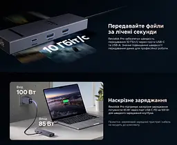 Док-станція UGREEN Revodok Pro CM828 хаб з підключенням до комп’ютера через USB-C 6 в 1 відеовихід HDMI 4K 60 Гц 2 USB-A та 1 USB-C для даних до 10 Гбіт/с Ethernet RJ45 до 1000 Мбіт/с вхід живлення USB-C PD 3.0 до 100 Вт із наскрізним заряджанням ноутбука до 85 Вт для HDMI потрібен USB-C комп’ютера з підтримкою відеовиходу дублювання екрана та розширення робочого столу з індикатором роботи вбудований кабель 0,3 м космічний сірий (45364) - мініатюра 3