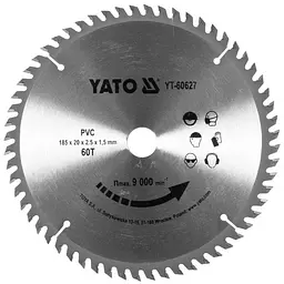 Диск пиляльний по ПВХ YATO Ø=185х2.5x20 мм (YT-60627)