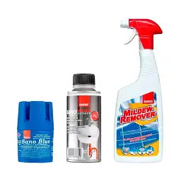 Набір Sano Бачок для миття унітазу Blue Flash, Засіб для видалення цвілі Mildew Remover, Засіб для прочищення каналізаційних труб Drain (287607, 293561, 877859)