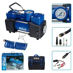 Автомобільний компресор двопоршневий Vitol 12V 360вт 85л 15Атм 150psi з дефлятором (K-74)