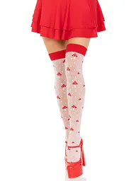Панчохи Leg Avenue Polka Dot Mushroom Thigh Highs, One Size, біло-червоні, на резинці, малюнок — гриби - мініатюра 3