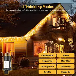Гірлянда SALCAR 5m 200 LED Icicle Lights, живлення від мереж різдвяні казкові вогні з 24 краплями, 8 миготливих режимів - мініатюра 4