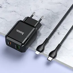 Мережевий зарядний пристрій Hoco 1USB + Type-C N5 PD20W+QC3.0 3A Black + Cable Type-C to Lightning - мініатюра 3