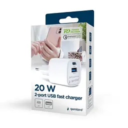Зарядний пристрій Gembird 1xUSB-C PD20W + 1xUSB QC3.0 white (TA-UC-PDQC20-W-01) - мініатюра 7