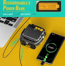 Потужний кемпінговий ліхтар W891-1 3COB White+Yellow + 5SMD Red Power Bank 2×18650 Type-C магніт і гачок Жовтий - мініатюра 6