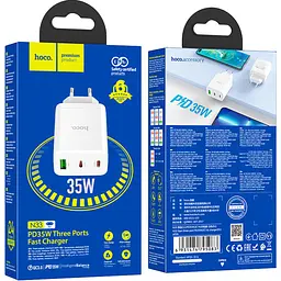 Мережевий зарядний пристрій Hoco N33 USB-A / 2 х USB-C 35W White [124887] - мініатюра 6