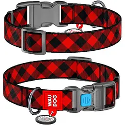 Нашийник для собак Waudog Nylon нейлоновий c QR паспортом, малюнок Шотландка червона, пластиковий фастекс, S, Ш 15 мм, Дов 23-35 см