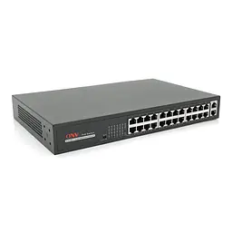 24х портовий PoE комутатор ONV-H1024PLS 24 порти РоЕ 100 Мбіт + 2 Uplink 1000 Мбіт, до 250м, IEEE802.3af/at, загальна потужність 200Вт