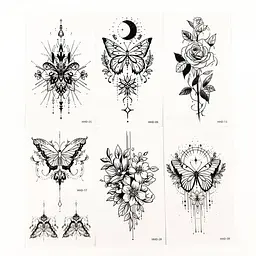 Набір тимчасових тату "Метелики та квіти №3" Fresh Tattoo black-tattoo-mini-set-f03 із 6 чорних по 9,5 х 5,5 см