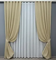 Комплект штор с тюлем VR-Textil Лен Мешковина, бежевый с белым, 2 шторы 100×270 см + тюль 400×270 см, арт. 71-022/2