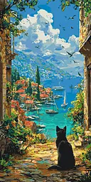 Картина за номерами Пейзаж. Чорний кіт над морською бухтою. тварини © 40*80 см Орігамі LW 5257