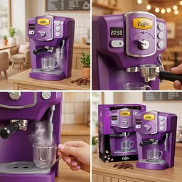 Іграшкова кавомашина рожкова для дітей Toy Coffee Maker фіолетова, дитячий кавовий апарат на батарейках з чашкою - мініатюра 7