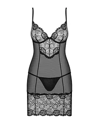 Сорочка Obsessive Alluria chemise & thong, L/XL, чорна, мереживо+мікросітка, стрінги в комплекті - мініатюра 3