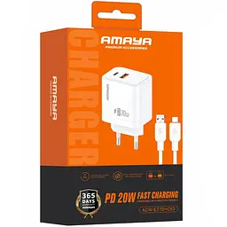 МЗП Amaya E77D PD20W+QC3.0 (1USB-A/1C) + кабель USB to Type-C White - мініатюра 2