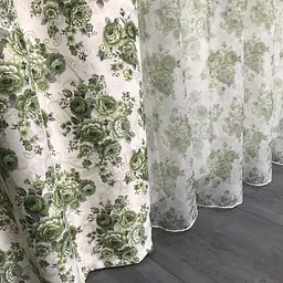 Атласні штори із зеленими квітами 150х270 з батистовим тюлем 400х270 на тасьмі ALBO pbe0052704 - мініатюра 2