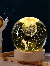 Світильник - нічник кришталева куля з дерев'яною основою, 3D- сфера "Астронавт", USB, комбінований дерево зі склом (6039785732) - мініатюра 9