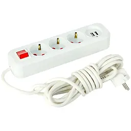 Електричний подовжувач з вимикачем на 3 розетки та 2 USB із заземленням 5м