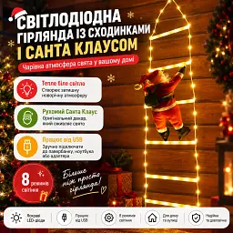 Світлодіодна гірлянда «Сходинки із Санта Клаусом» 2 м, 8 сходинок з гачком Теплий колір (00427) - мініатюра 2