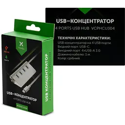 Концентратор Vinga Type-C to 4*USB3.0 1.0m cable aluminium (VCPHCU304) - мініатюра 4