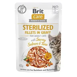Корм вологий для стерилізованих кішок Brit Care Cat Sterilized філе в соусі з лососем та тунцем, пауч, 85 г