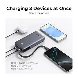 УМБ Ugreen 25000mAh 45W PD/QC, USB-A,USB-С IN/OUT, with built in USB-C cable (PB536) Gray - мініатюра 9