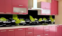 Вініловий кухонний фартух Зелене листя на каменях наклейка для кухні ПВХ Рослини Чорний Happy Pocket Z181447 - мініатюра 2