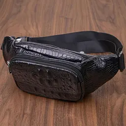 Стильна поясна сумка з натуральної шкіри з фактурою під крокодила 21297 Vintage чорна
