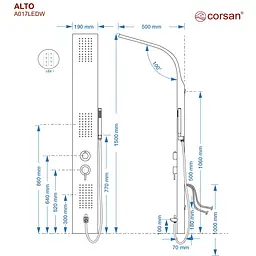 Душова панель Corsan Alto white LED з виливом A017MWHLEDW, Хром - мініатюра 5