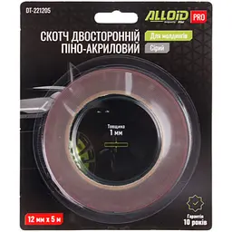 Скотч двосторонній на піно-акриловій основі Alloid Pro 12 мм х 5 м для молдингів 1 мм сірий (DT-221205)