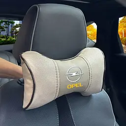 Подушка на підголівник з логотипом Opel Екошкіра 3D Кольоровий лого Бежева-Коричневий кант 1 шт