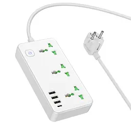 Мережевий зарядний пристрій подовжувач Hoco AC7A 3 USB/Type-C 3 розетки 1.5m білий - мініатюра 3
