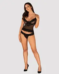 Напівпрозорий набір з прикрасами Obsessive Ivannes top & thong 2XL/3XL, чорний, топ та танга - мініатюра 3