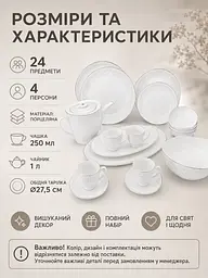 Столовий сервіз із порцеляни на 4 персони 24 предмети, чайник 1 л, тарілки Ø27,5 см, білий зі сріблястим декором (49676280) - мініатюра 3