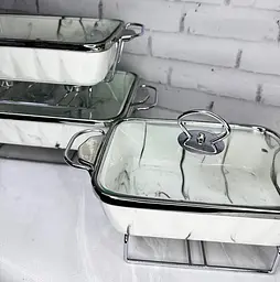 Набір з 3-х мармітів керамічних прямокутних Kitchen з кришками із скла Біло Сріблястий - мініатюра 7