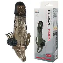 Подовжуюча насадка з вібрацією Baile Brave Men Vibro Penis Sleeve Black, 14.7х3.7 см - мініатюра 5