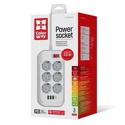 Мережевий фільтр , 6 розеток, 2 м, White ColorWay teh0028207 - мініатюра 5