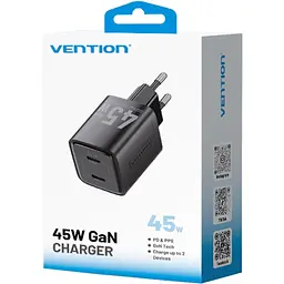 Зарядний пристрій 2xUSB-С 45W GaN чорний Vention - мініатюра 3
