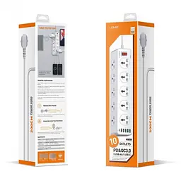 Мережевий зарядний пристрій подовжувач LDNIO SC10610EU 5 USB/ Type-C QC PD 10 розеток 2m сіро-білий - мініатюра 4