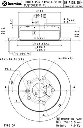 Диск гальмівний задній невентильований Toyota Camry, Solara, Avalon 96-12р Brembo (08.A108.10)