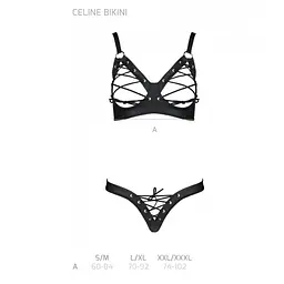 Комплект Passion CELINE BIKINI 2XL/3XL black відкритий бра з стрічками стрінги з шнурівкою, екошкіра - мініатюра 5
