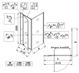 Душова кабіна без піддону Koer SR SC05-90x90x195-TR-01 прозоре скло Easy Clean 6 мм, хром KR5363, Універсальна, прозорий, хром - мініатюра 8